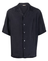 Темно-синяя шелковая рубашка с коротким рукавом с вышивкой