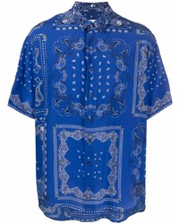 Темно-синяя шелковая рубашка с коротким рукавом с "огурцами"