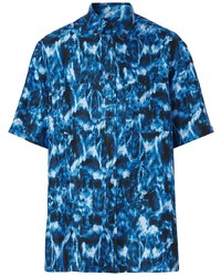 Мужская темно-синяя шелковая рубашка с коротким рукавом с принтом от Burberry
