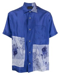 Мужская темно-синяя шелковая рубашка с коротким рукавом с принтом от Emporio Armani