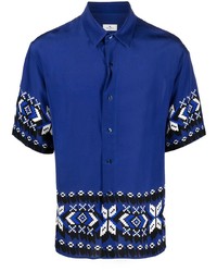 Мужская темно-синяя шелковая рубашка с коротким рукавом с принтом от Etro