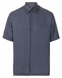 Мужская темно-синяя шелковая рубашка с коротким рукавом с принтом от Fendi
