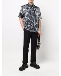 Мужская темно-синяя шелковая рубашка с коротким рукавом с принтом от Fendi