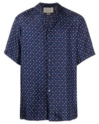 Мужская темно-синяя шелковая рубашка с коротким рукавом с принтом от Gucci