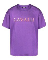 Мужская фиолетовая футболка с круглым вырезом с принтом от Roberto Cavalli