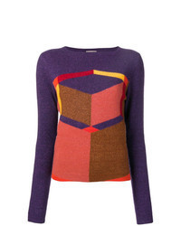 Фиолетовый свитер с круглым вырезом с геометрическим рисунком