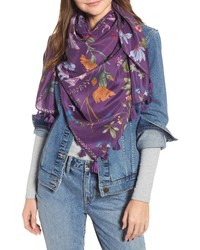 Фиолетовый шелковый шарф с цветочным принтом