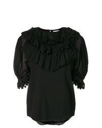 Черная блуза с коротким рукавом с рюшами от Chloé