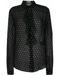 Черная блузка с длинным рукавом в горошек от Saint Laurent