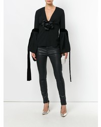 Черная блузка с длинным рукавом с цветочным принтом от Saint Laurent