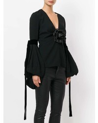 Черная блузка с длинным рукавом с цветочным принтом от Saint Laurent
