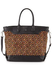 Черная кожаная большая сумка с леопардовым принтом