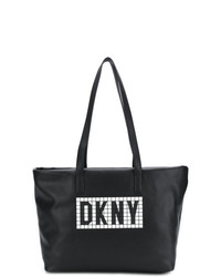 Черная кожаная большая сумка с принтом от DKNY