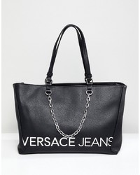 Черная кожаная большая сумка с принтом от Versace Jeans