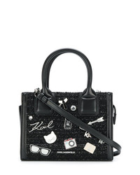 Черная кожаная большая сумка с украшением от Karl Lagerfeld