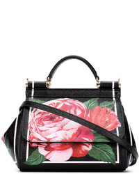Черная кожаная большая сумка с цветочным принтом от Dolce & Gabbana