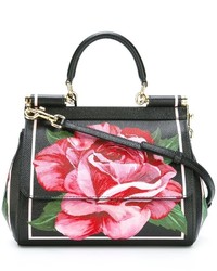 Черная кожаная большая сумка с цветочным принтом от Dolce & Gabbana