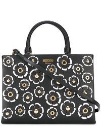 Черная кожаная большая сумка с цветочным принтом от Moschino