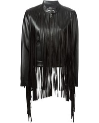 Женская черная кожаная куртка c бахромой от DKNY