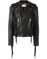 Женская черная кожаная куртка c бахромой от Gucci