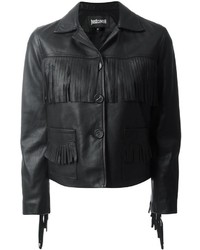 Женская черная кожаная куртка c бахромой от Just Cavalli