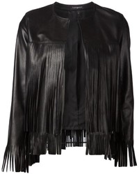 Женская черная кожаная куртка c бахромой