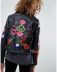 Женская черная кожаная куртка с цветочным принтом от Asos