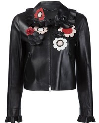 Женская черная кожаная куртка с цветочным принтом от Fendi