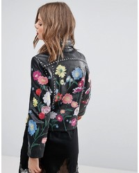 Женская черная кожаная куртка с цветочным принтом от Asos