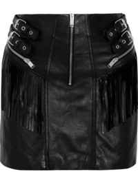 Черная кожаная мини-юбка c бахромой от Saint Laurent
