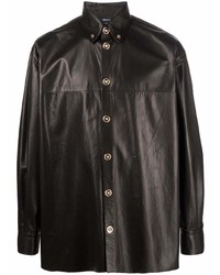 Мужская черная кожаная рубашка с длинным рукавом от Versace