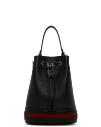 Черная кожаная сумка-мешок в горизонтальную полоску от Gucci