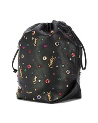 Черная кожаная сумка-мешок с украшением от Saint Laurent