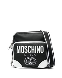 Черная кожаная сумка почтальона с принтом от Moschino