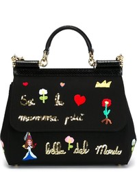 Черная кожаная сумка-саквояж с вышивкой от Dolce & Gabbana
