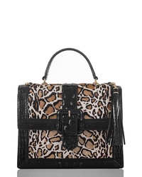 Черная кожаная сумка-саквояж с леопардовым принтом