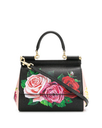 Черная кожаная сумка-саквояж с цветочным принтом от Dolce & Gabbana