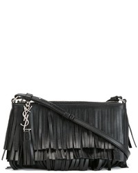 Черная кожаная сумка через плечо c бахромой от Saint Laurent