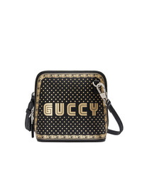 Черная кожаная сумка через плечо с принтом от Gucci