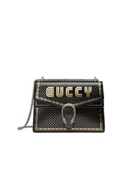 Черная кожаная сумка через плечо с принтом от Gucci