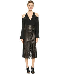 Черная кожаная юбка-карандаш c бахромой от Tamara Mellon