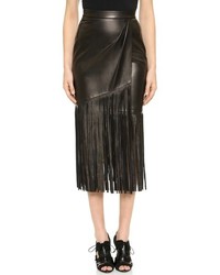 Черная кожаная юбка-миди c бахромой от Tamara Mellon