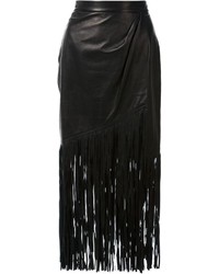 Черная кожаная юбка-миди c бахромой