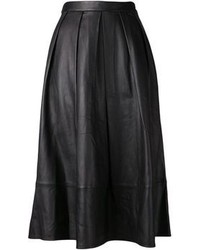 Черная кожаная юбка-миди со складками