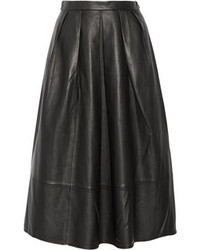 Черная кожаная юбка-миди со складками от Tibi