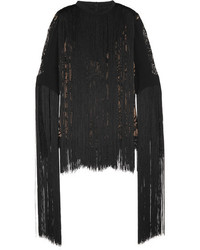 Черная кружевная блузка c бахромой от Elie Saab