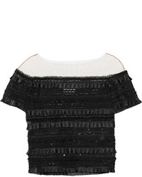 Черная кружевная блузка с рюшами от Marchesa