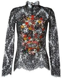 Черная кружевная блузка с украшением от Philipp Plein