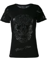 Женская черная кружевная футболка с вышивкой от Philipp Plein