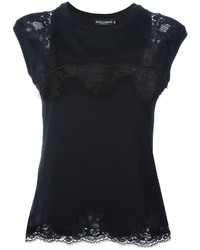 Женская черная кружевная футболка с круглым вырезом от Dolce & Gabbana